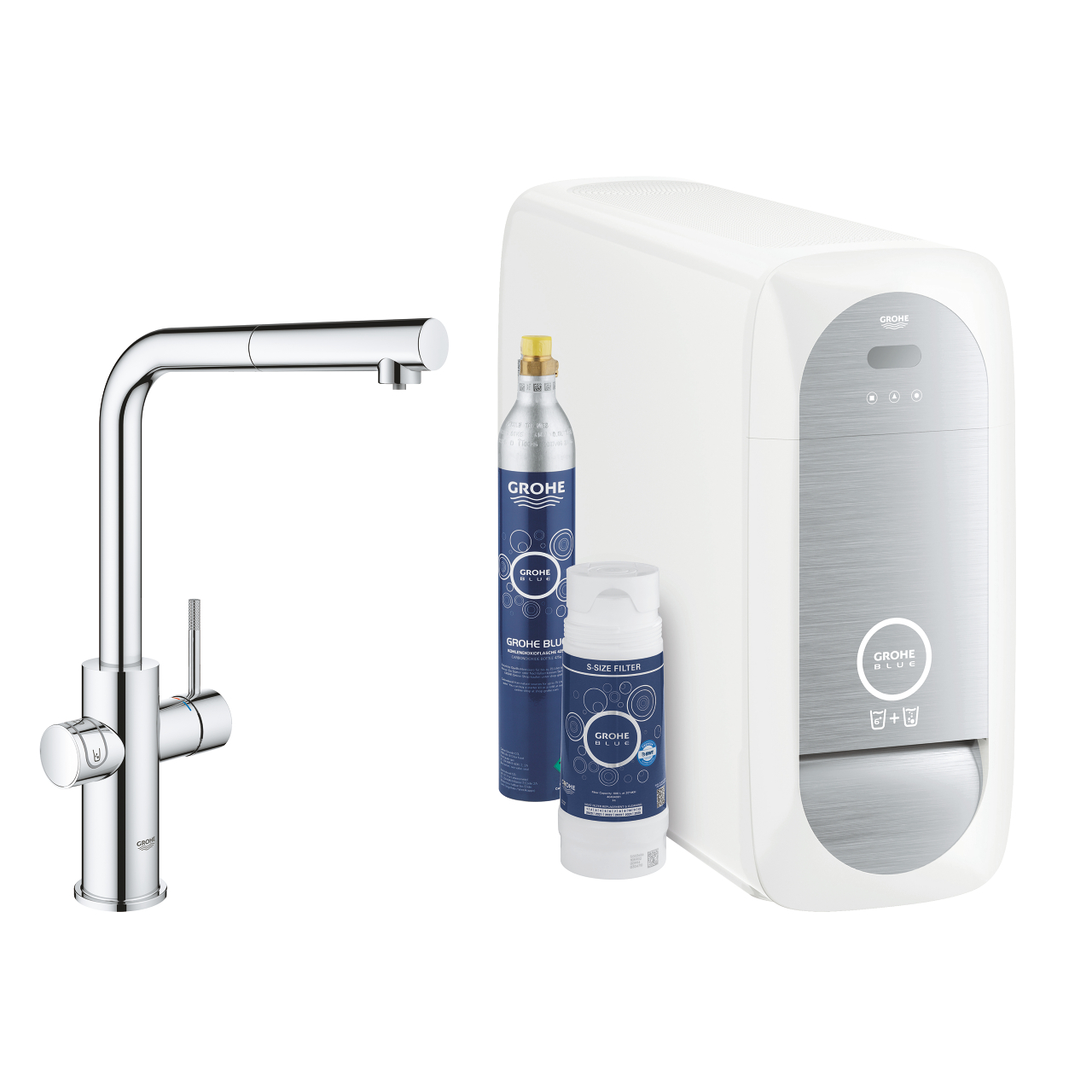 GROHE Blue Starterset bestehend aus moderner Küchenarmatur, Filterkartusche, CO2-Zylinder und Wasserkühler zur Wasseraufbereitung