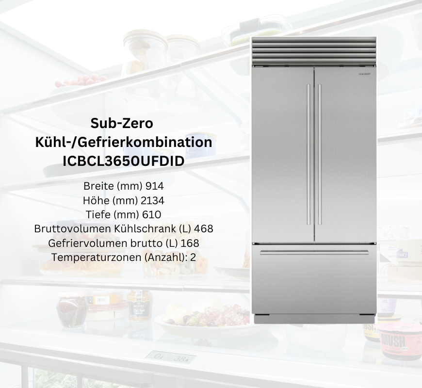 Sub-Zero Kühl- und Gefrierkombination ICBCI3650UFDID, Edelstahl, mit zwei Türen und Gefrierschublade, Maße: 914x2134x610 mm