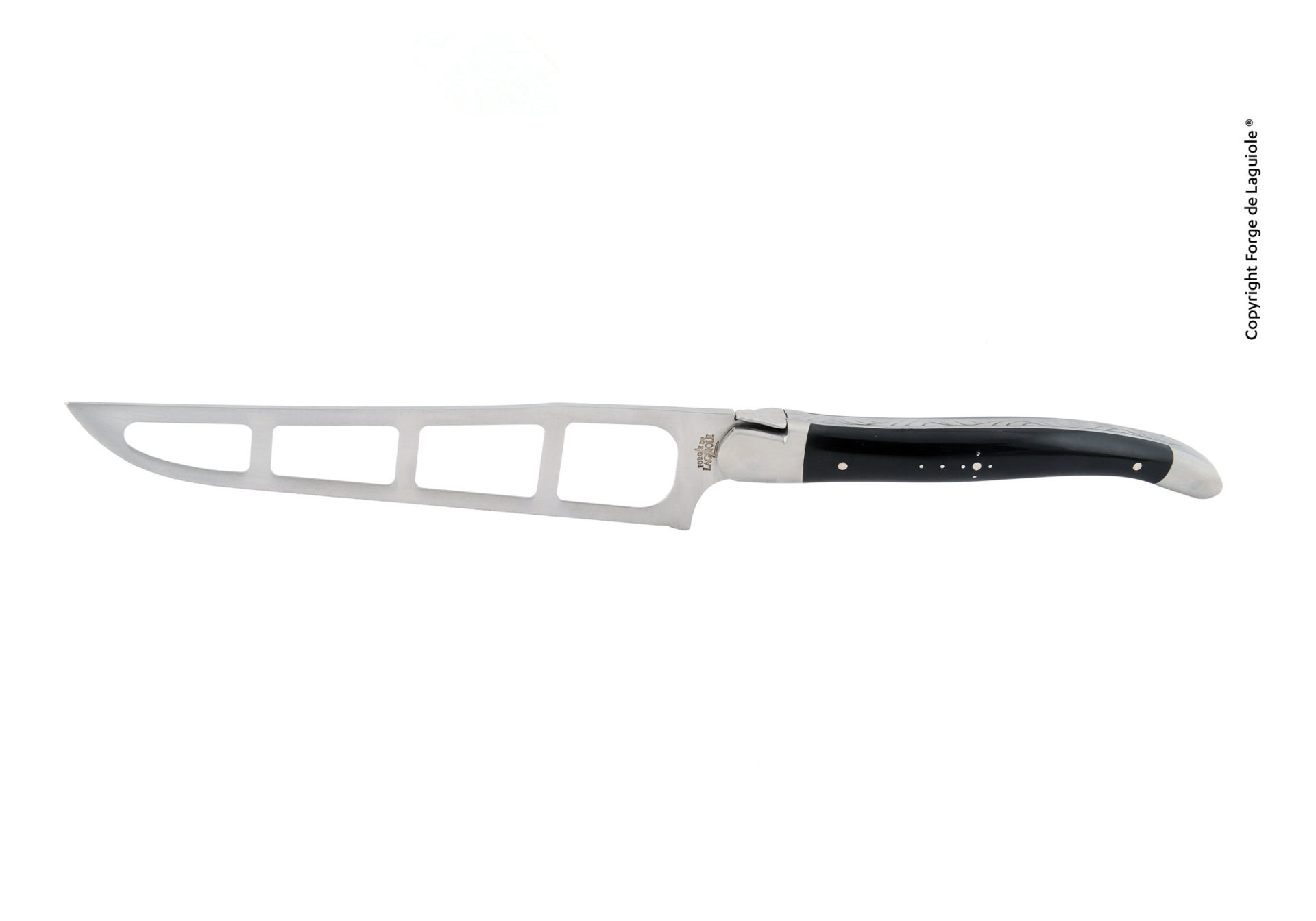 Käsemesser von Forge de Laguiole mit gelochter Edelstahlklinge und schwarzem Griff, ideal zum Schneiden von Weich- und Hartkäse