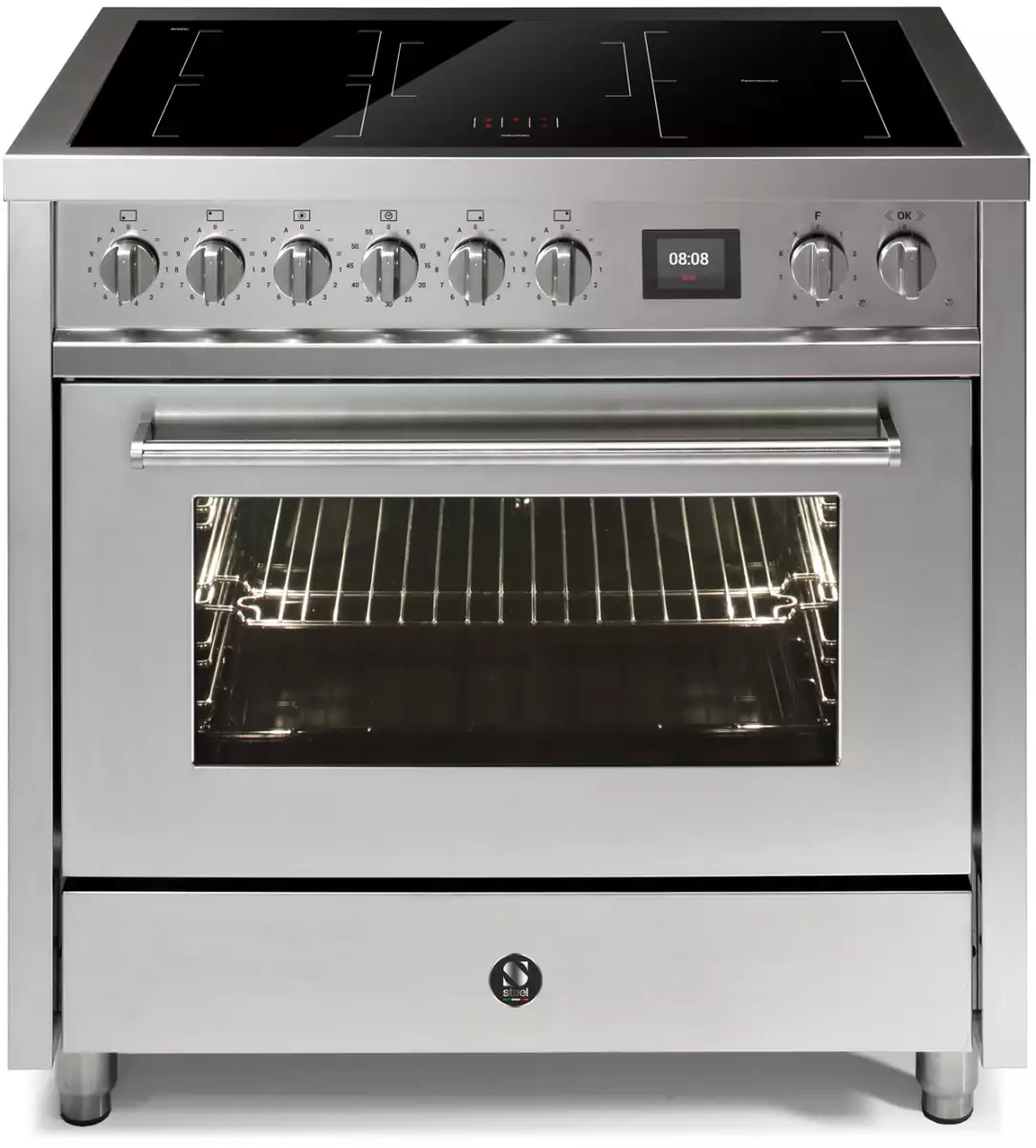 Moderner freistehender Edelstahl-Backofen mit Cerankochfeld, Drehreglern und digitaler Uhr, ideal für die Küche