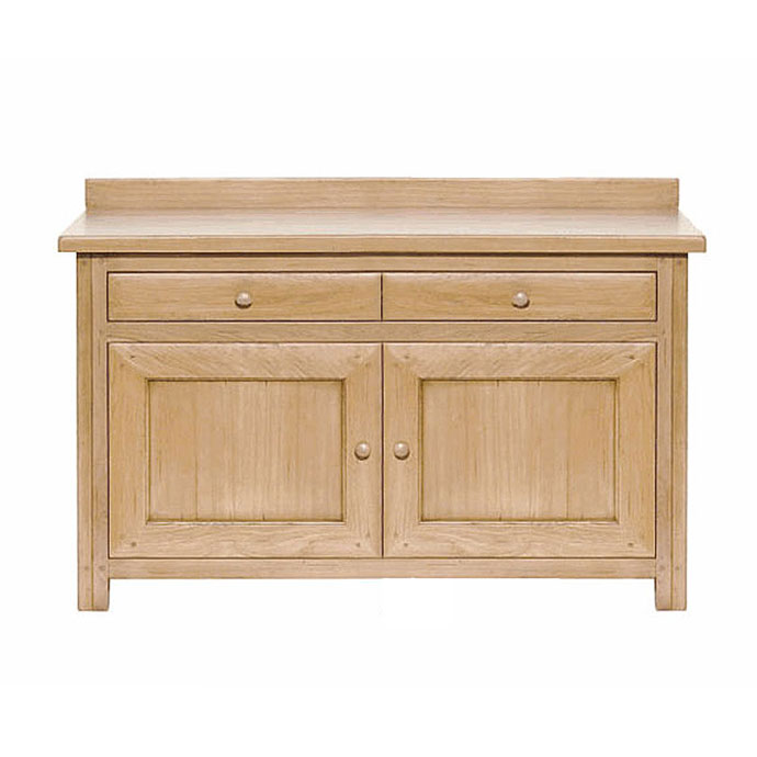 Massives Sideboard aus hellem Holz mit zwei Schubladen oben und zwei Türen unten, ideal zur Aufbewahrung und als stilvolles Möbelstück