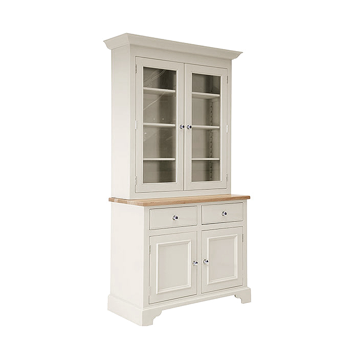 Cremeweißer Buffetschrank im Landhausstil mit Glastüren, zwei Schubladen und Holzplatte