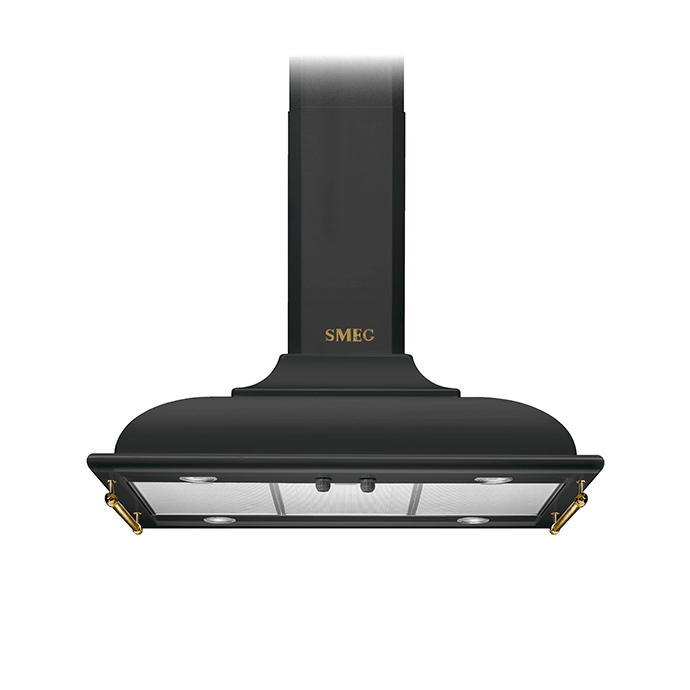 Schwarze SMEG Dunstabzugshaube zur Wandmontage mit goldenen Akzenten, klassisches Design