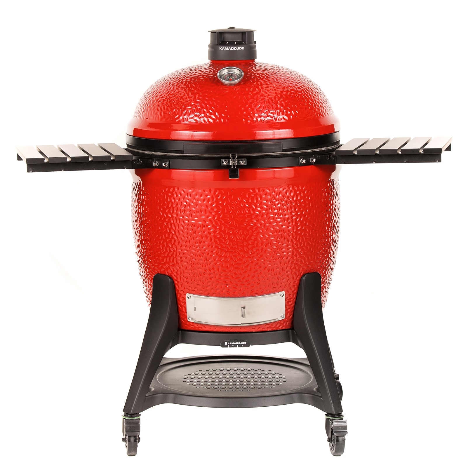 Roter Kamado Joe Classic II Keramikgrill auf stabilem Gestell mit zwei seitlichen Ablagen, ideal zum Grillen und Smoken