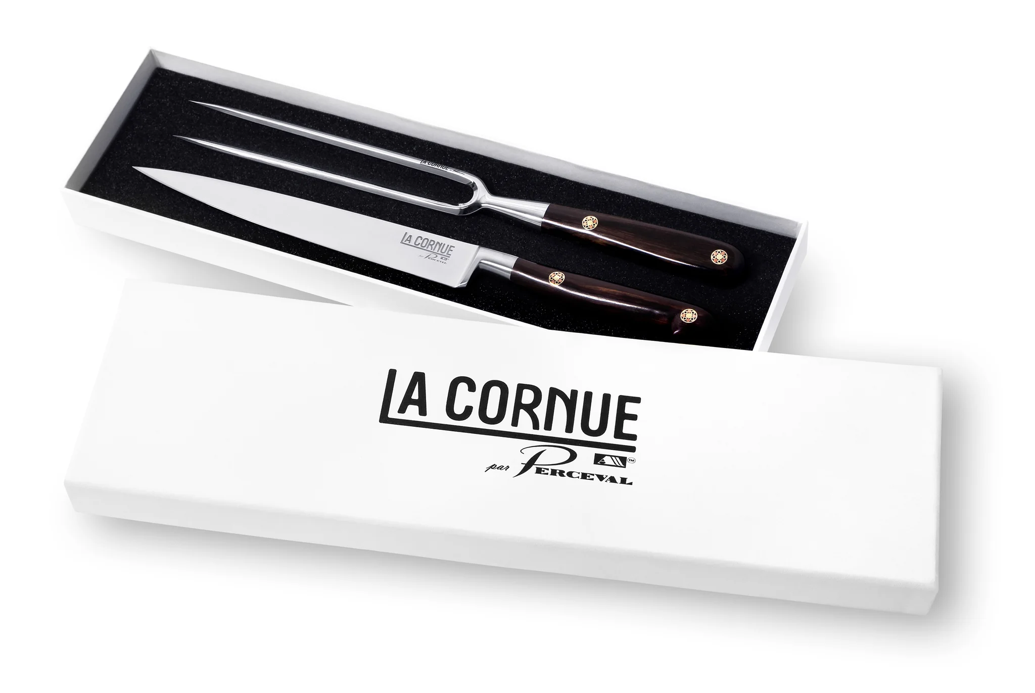 La Cornue by Perceval Tranchierbesteck bestehend aus einem Tranchiermesser und einer Fleischgabel mit edlen Holzgriffen in weißer Geschenkbox