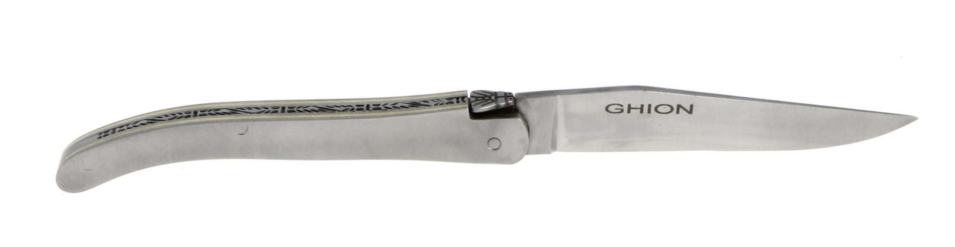 Klappmesser aus Edelstahl der Marke GHION mit verziertem Griff und Gravur auf der Klinge