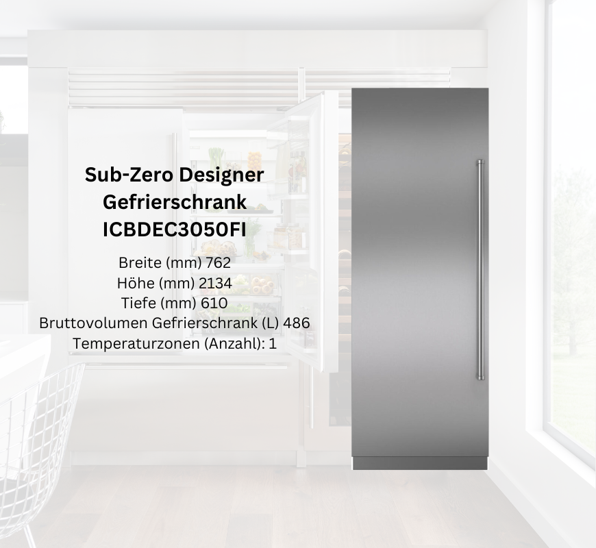 Moderner Sub-Zero Designer Gefrierschrank ICBDEC3050FI in Edelstahl mit 486 Liter Fassungsvermögen, einer Temperaturzone und geöffnetem Türbereich in heller Küche