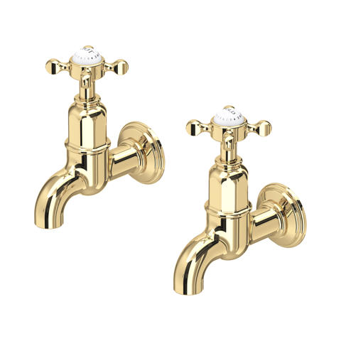 Zwei polierte Messing-Wandarmaturen im Retro-Design mit Kreuzgriffen, 2er-Set Wasserhähne für Bad oder Küche, langlebige Ausführung im klassischen Look