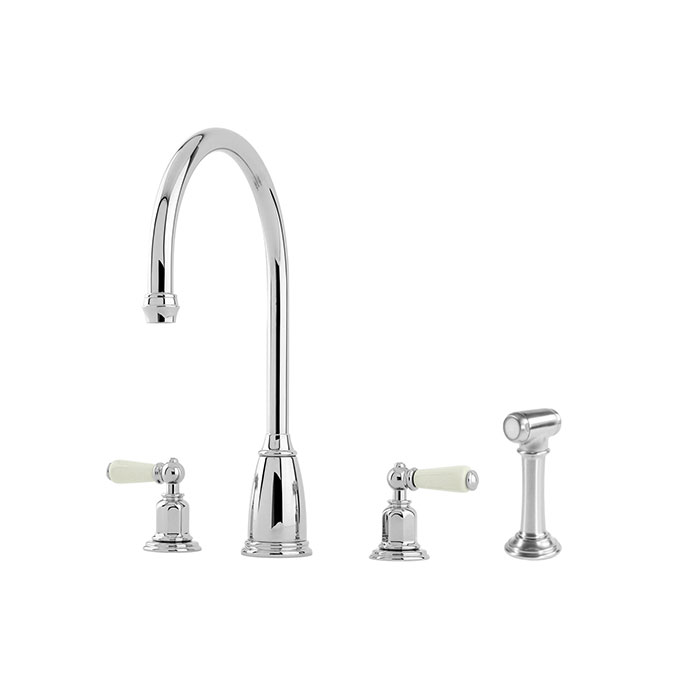 Elegante Küchenarmatur aus Chrom mit zwei weißen Griffen und separater Spülbrause, klassisches Design