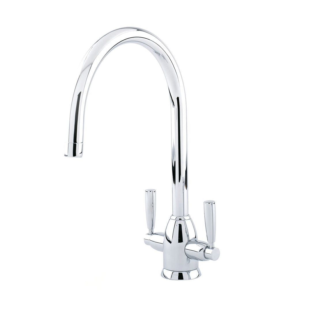 Küchenarmatur aus glänzendem Chrom mit hohem Auslauf und zwei Hebeln, ideal für Spülen