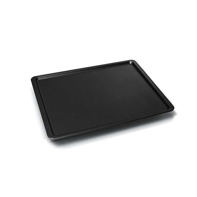 Schwarzes Backblech aus Metall, rechteckig mit leicht erhöhtem Rand, ideal für das Backen von Kuchen, Plätzchen und anderem Gebäck