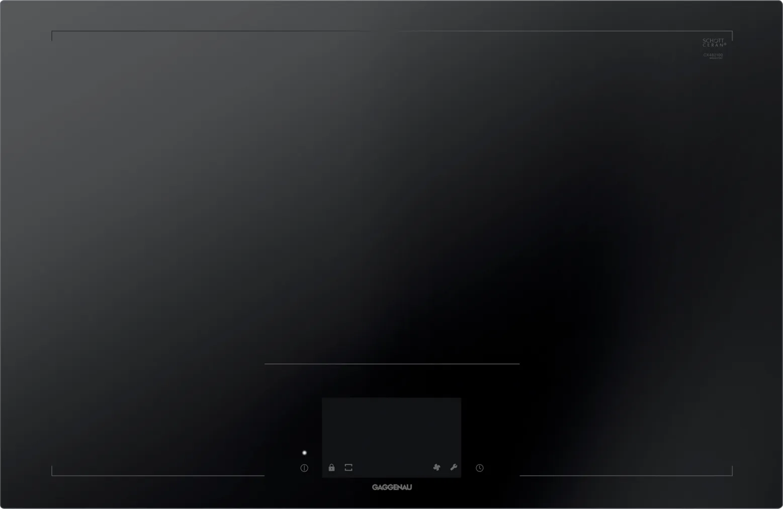 Abbildung eines Gaggenau CX492101 Flex-Induktionskochfelds mit großem TFT-Touchdisplay und elegantem Schwarzglas-Design
