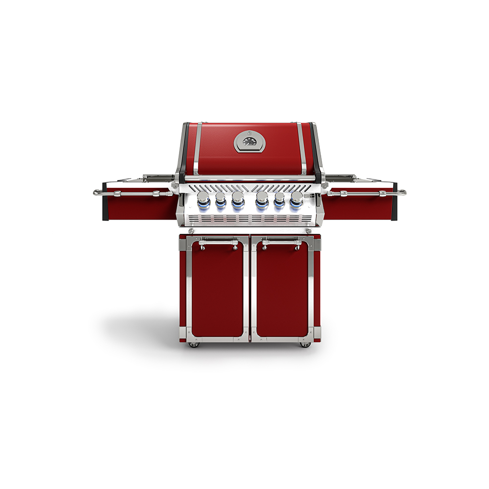Roter Gasgrill mit vier Brennern, herausklappbaren Seitenablagen und Unterschränken, ideal für Gartenpartys