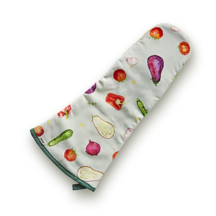 Langer Ofenhandschuh mit buntem Gemüse-Muster, ideal zum Schutz der Hände beim Backen und Kochen