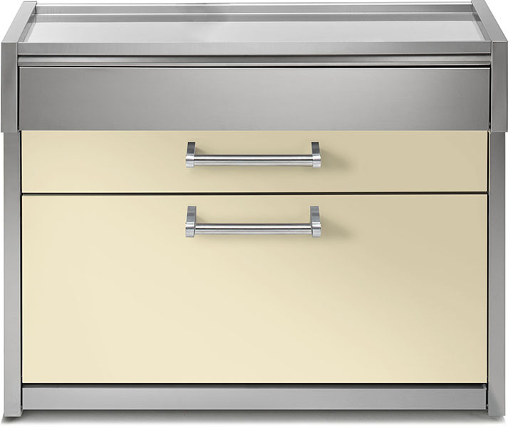 Moderner Küchenschrank aus Edelstahl mit zwei cremefarbenen Schubladen und Metallgriffen, geeignet für moderne Küchen