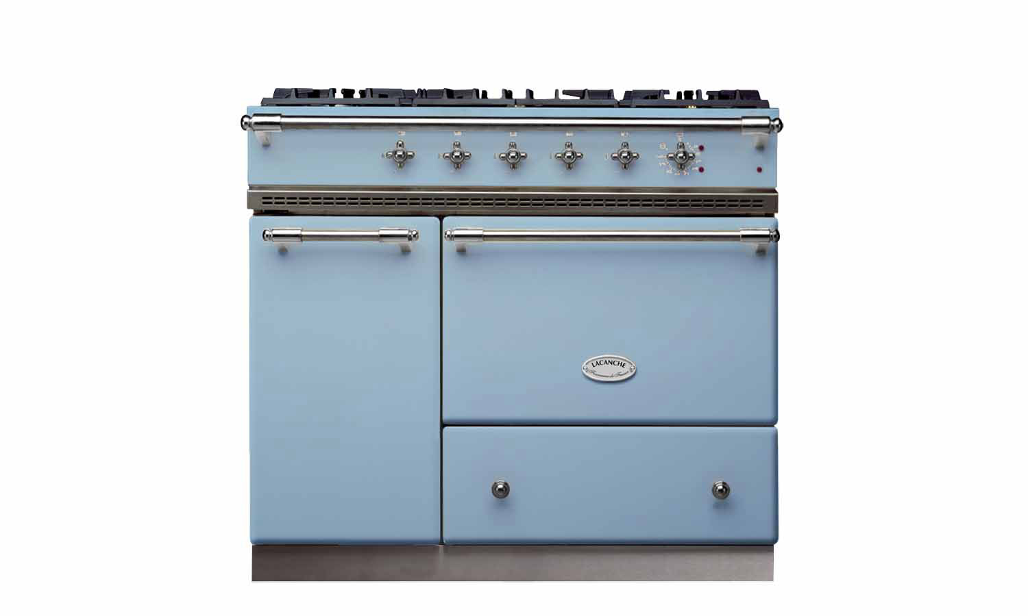 Hellblauer Lacanche Standherd mit sechs Gasbrennern und zwei Backöfen, hochwertige Küchenmaschine im Retrodesign