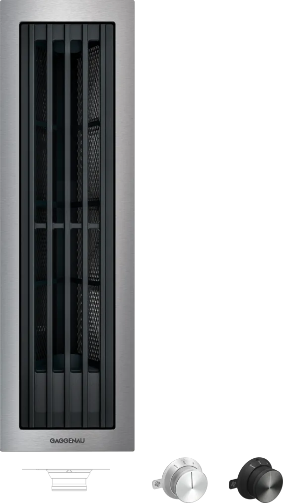 Gaggenau Tischlüfter Serie 400 aus Edelstahl mit vertikalen Lüftungslamellen, ideal für moderne Küchen