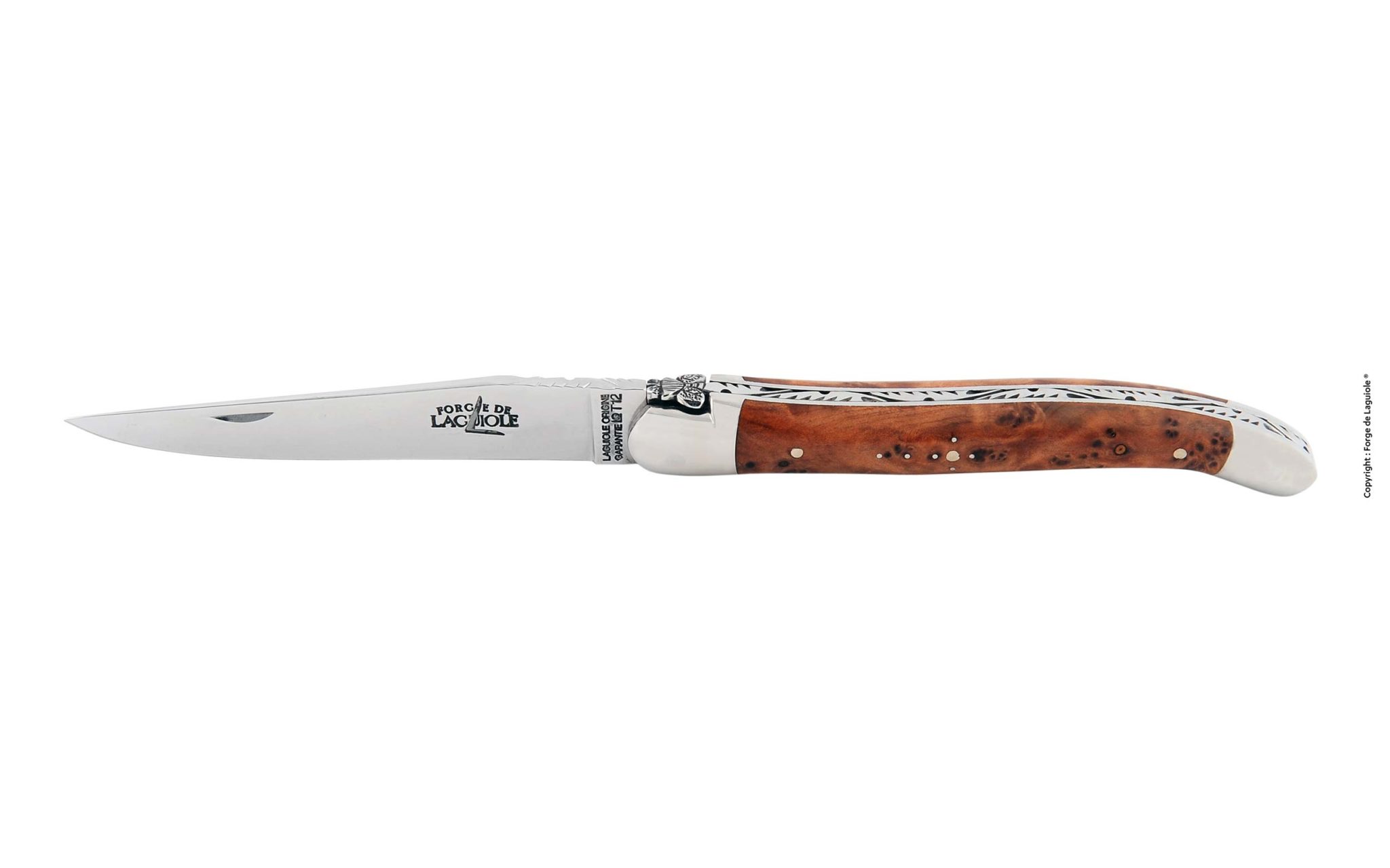 Elegantes, handgefertigtes Laguiole Taschenmesser mit Griff aus Olivenholz und polierter Edelstahlklinge, seitliche Ansicht