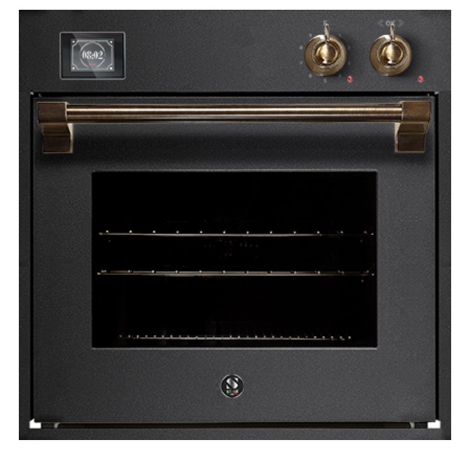 Moderner schwarzer Einbaubackofen mit goldenen Griffen und Touch-Display, geeignet für stilvolle Küchen