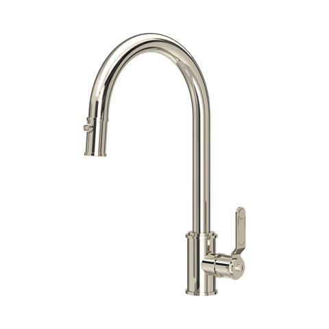 Hochglanz-verchromte Einhebel-Küchenarmatur mit hohem, schwenkbarem Auslauf und rechtsseitigem Hebel; eleganter Wasserhahn für die Spüle im zeitlosen Design