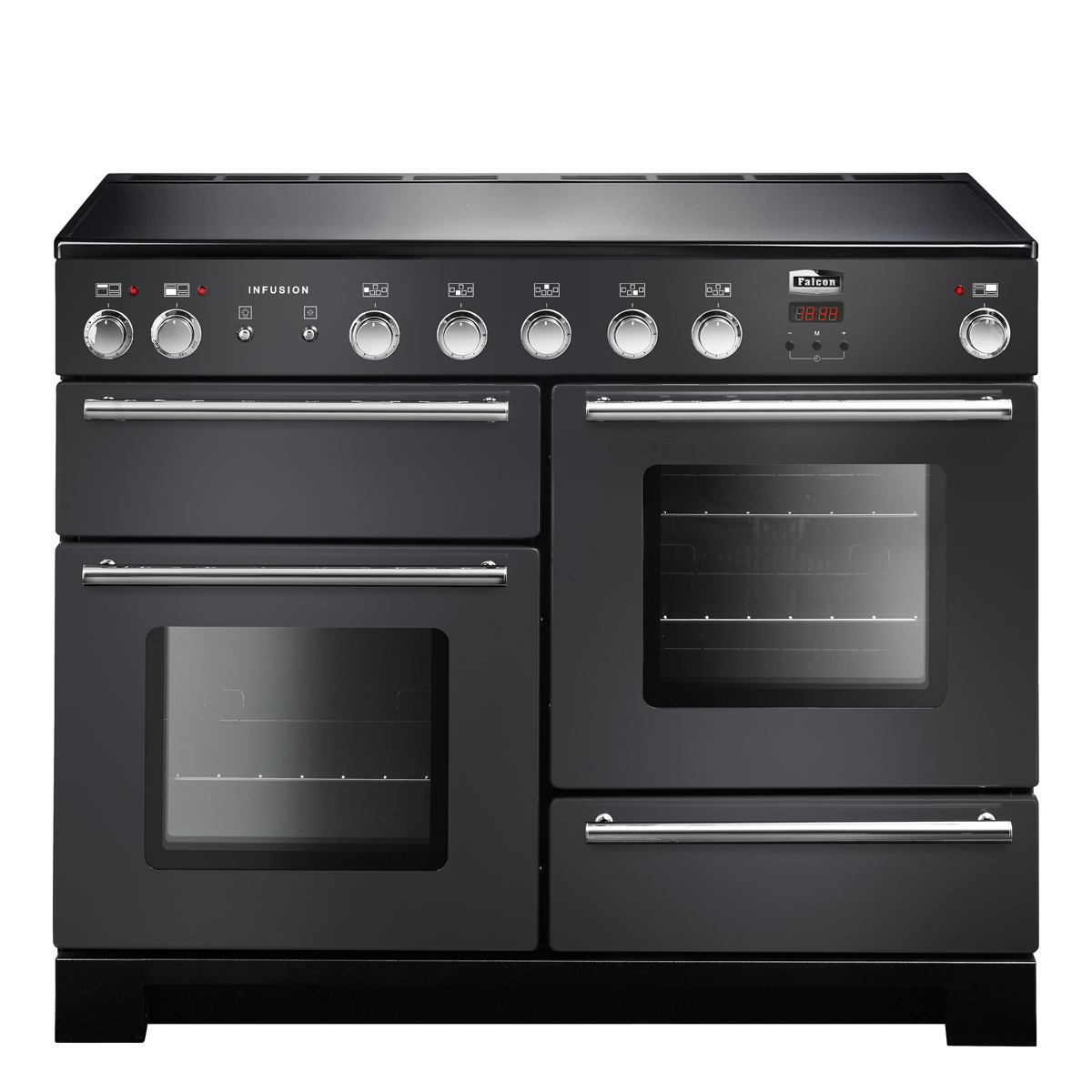 Schwarzer Falcon Infusion Range Cooker mit mehreren Backöfen und Kochfeldern, freistehend, Edelstahlgriffe und Bedienknöpfe, ideal für große Küchen