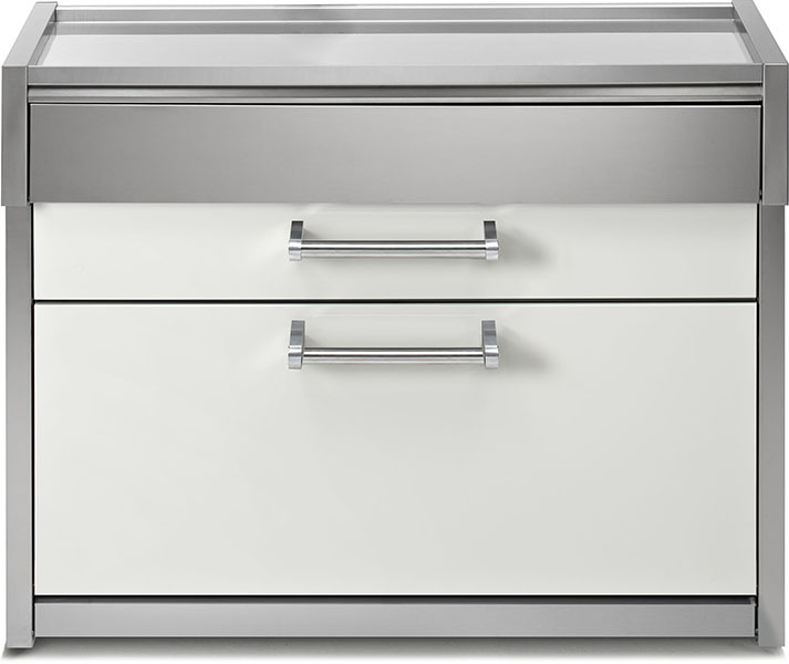 Weißer Küchenunterschrank mit zwei Schubladen und Griffen aus Edelstahl, geeignet für moderne Küchen