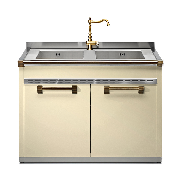 Eleganter Küchenunterschrank mit zwei Edelstahl-Spülbecken und goldfarbener Armatur in cremefarbenem Stil