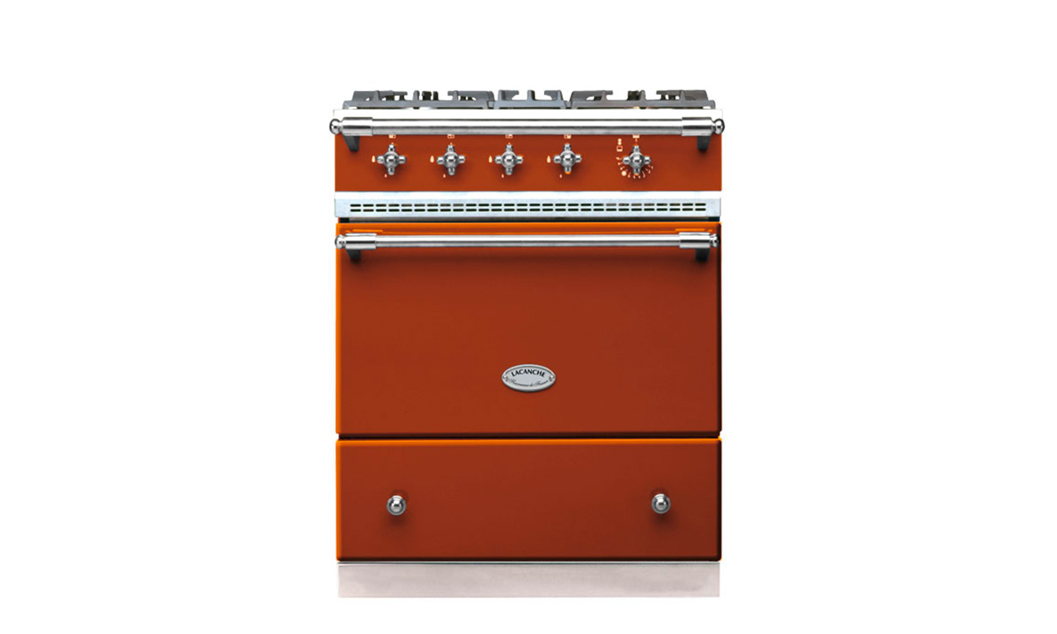 Oranger Standherd von Lacanche mit fünf Gasbrennern, Backofen und Bedienknöpfen im klassischen Retro-Look
