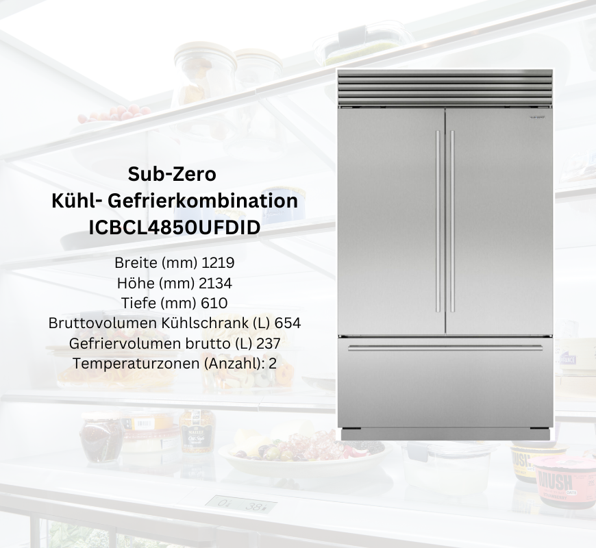 Sub-Zero Kühl-Gefrierkombination ICBCI4850UFDID in Edelstahl mit technischer Übersicht: Breite 1219 mm, Höhe 2134 mm, Tiefe 610 mm, Kühlvolumen 654L, Gefriervolumen 237L, 2 Temperaturzonen