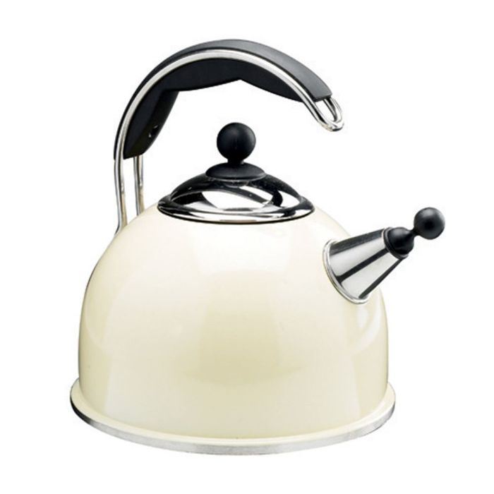 Cremfarbener Wasserkessel mit schwarzem Griff und verchromtem Deckel, klassisches Design mit Pfeifenkopf