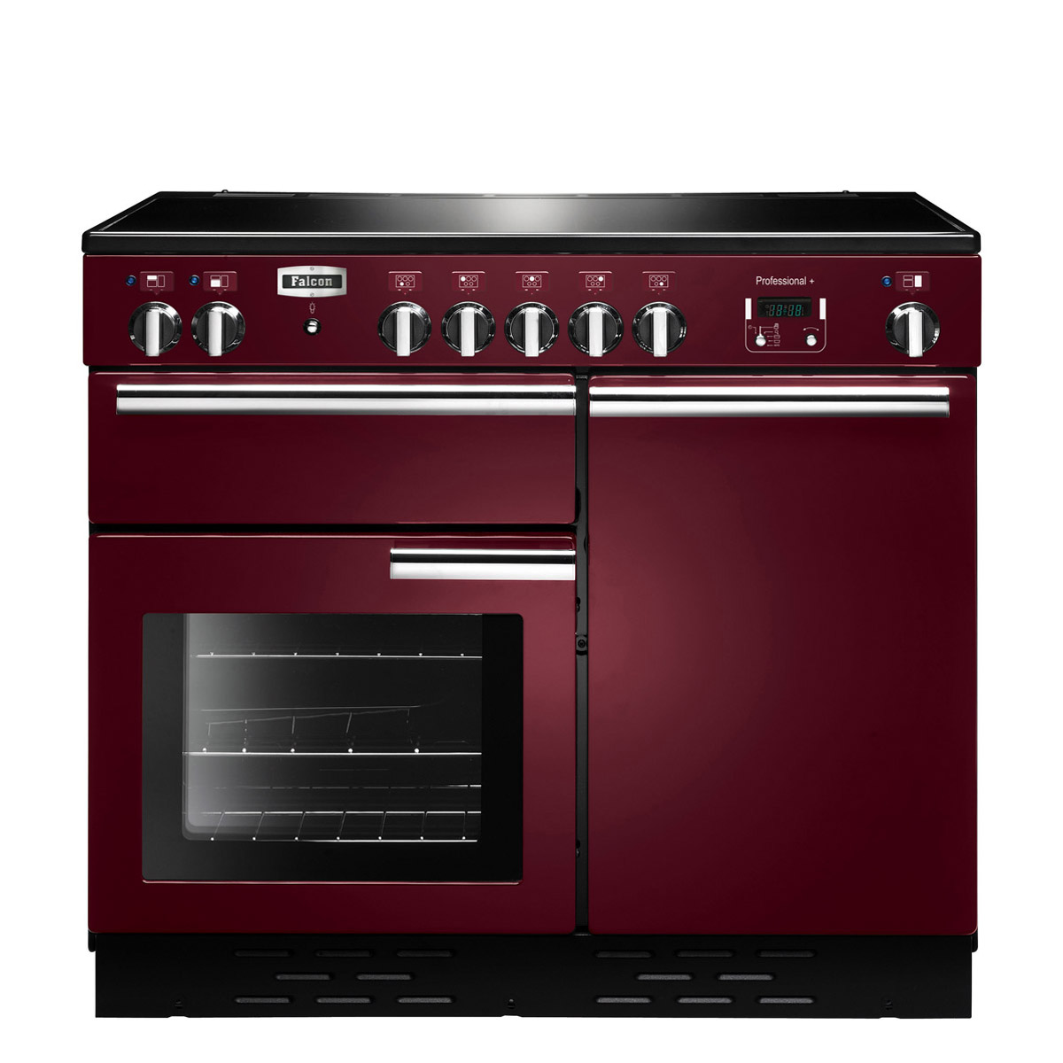Bordeauxroter Falcon Professional+ 110 Induktionsherd mit zwei Backöfen und silbernen Griffen, freistehend