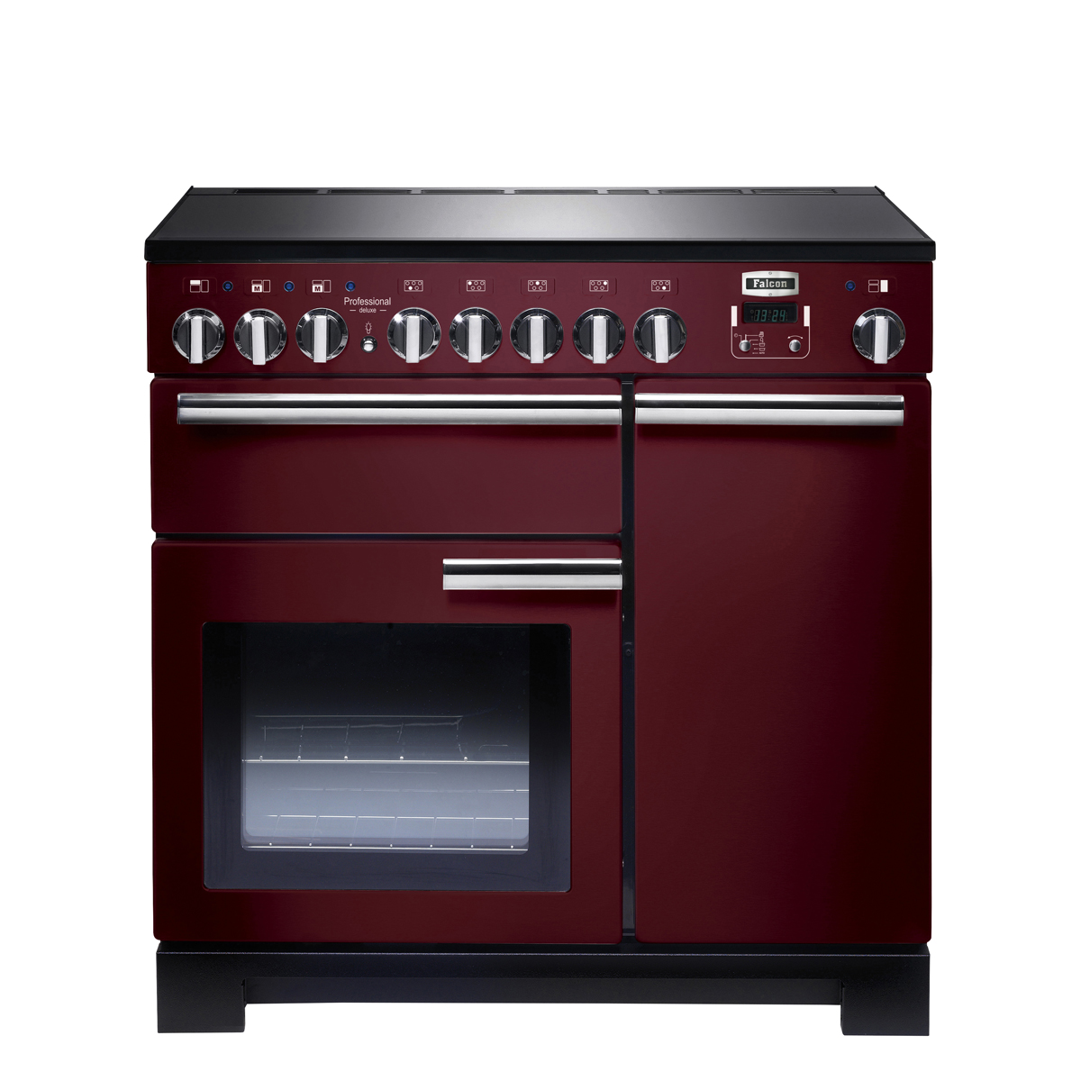 Burgunderroter Falcon Professional Deluxe 90 Induktionsherd mit silbernen Bedienelementen, zwei Backöfen und digitalem Display