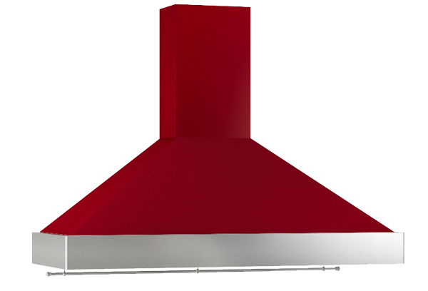 Rote Dunstabzugshaube mit breitem Schacht und Edelstahlabschluss, ideal für moderne Küchen