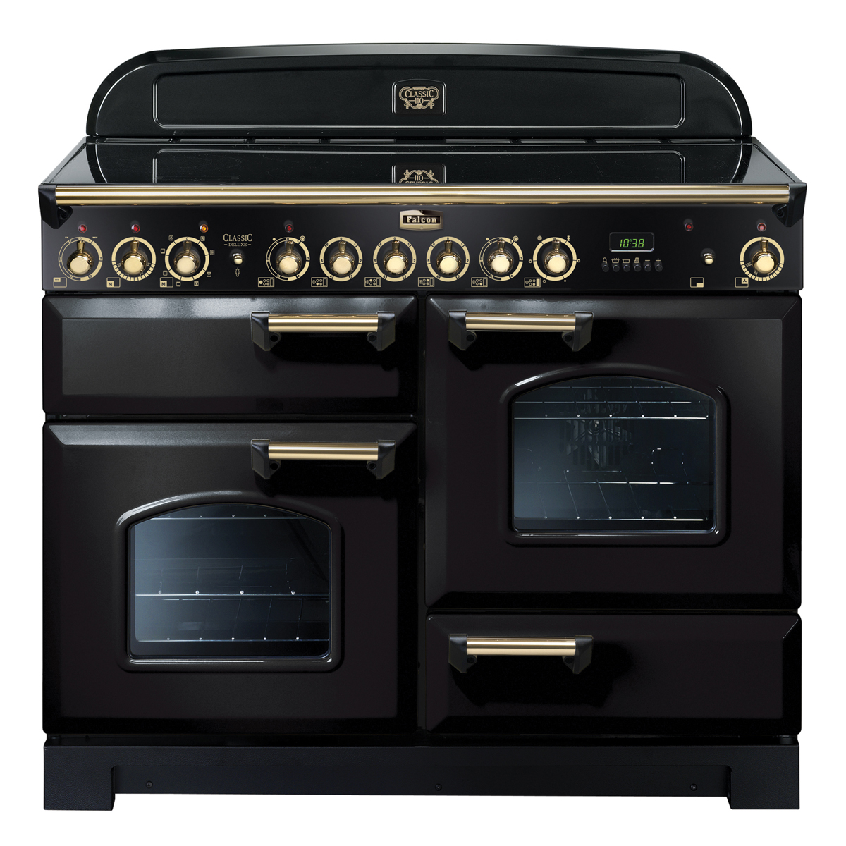 Schwarzer Falcon Classic Deluxe 110 Induktionsherd mit goldenen Bedienelementen, vier Türen und mehreren Backofenfächern