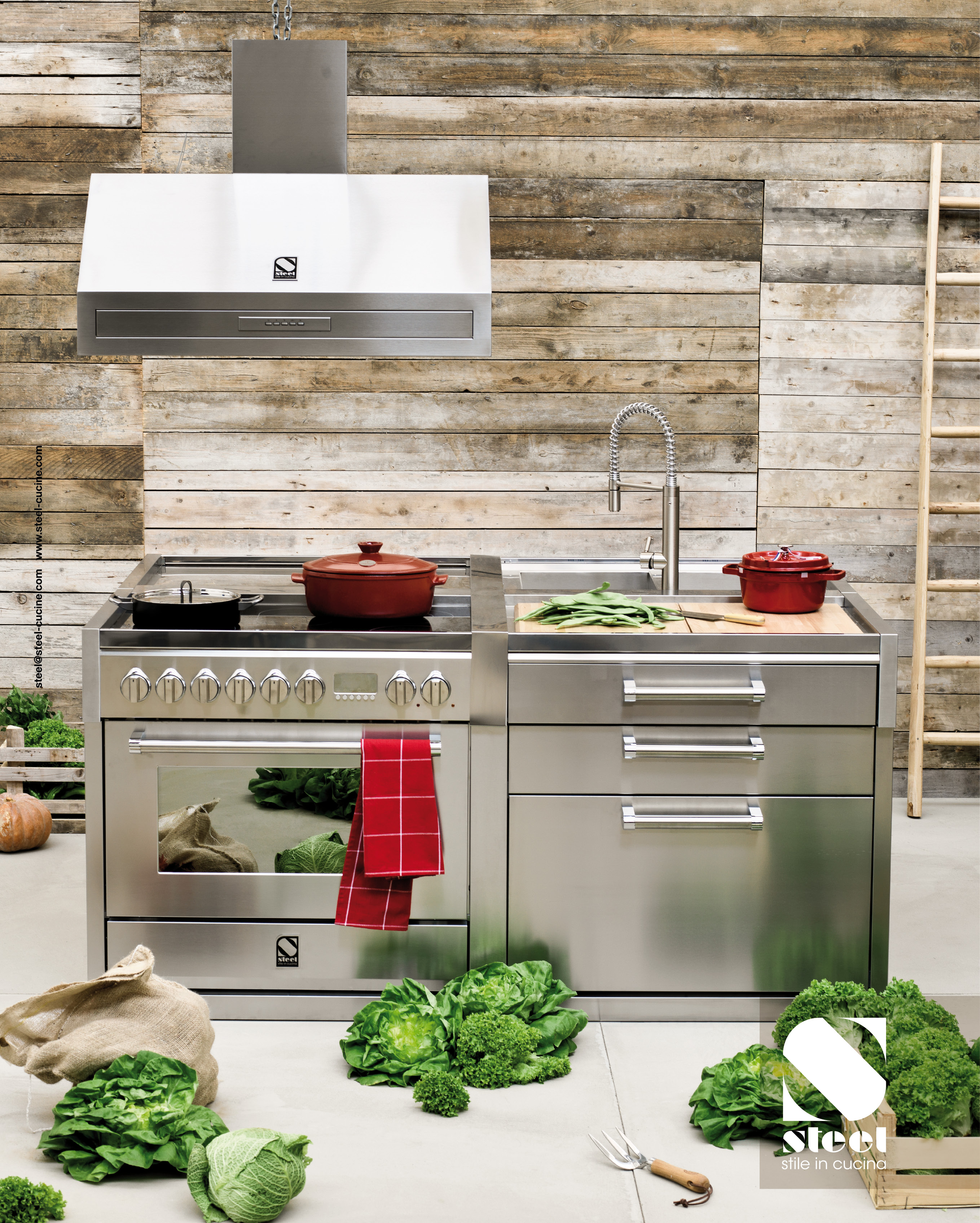 Edelstahl-Küche mit Herd, Backofen, Spüle und rotem Topf. Frisches Gemüse und rustikale Holzwand im Hintergrund