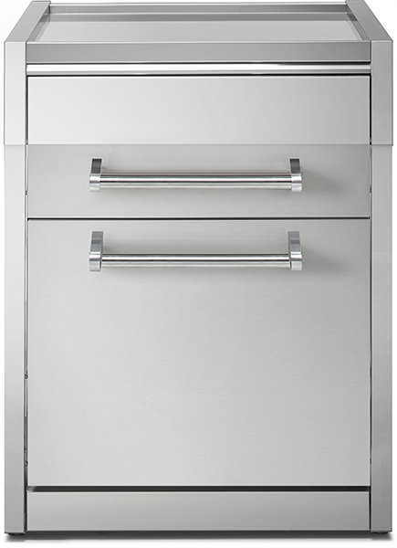 Moderner Unterschrank aus Edelstahl mit einer Schublade und einem Türfach, geeignet für die Outdoor-Küche oder Grillstation.
