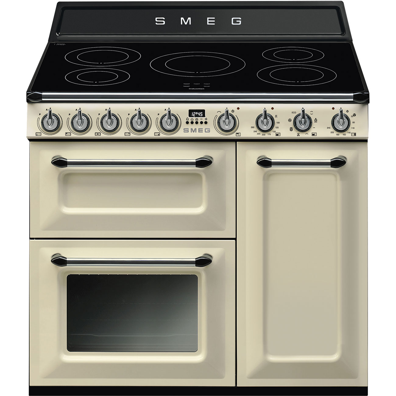 Cremefarbener SMEG Standherd im Retro-Design mit Induktionskochfeld und mehreren Backöfen, Ansicht von vorne