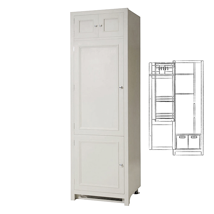 Weißer Hochschrank mit drei Türen und daneben schematische Zeichnung der Innenaufteilung mit Regalböden und Fächern