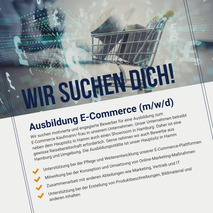 Werbegrafik zur Ausbildungsstelle E-Commerce: Schriftzug 'Wir suchen dich!', Einkaufswagen und Ausbildungsmöglichkeiten im Onlinehandel, Standort Hamm und Hamburg.