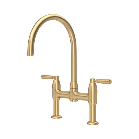 Spültischarmatur in Messing/Gold: eleganter Zweigriff-Brückenmischer mit hohem Schwanenhals-Auslauf, decken-/arbeitsplattenmontiert, langlebige Metallkonstruktion – ideal für Küche, Spüle, Landhaus- und Retro-Stil