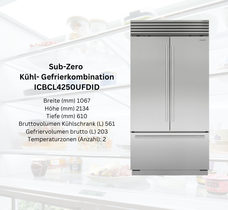 Sub-Zero Kühl-Gefrierkombination ICBCI4250UFDID aus Edelstahl, große Kapazität, zwei Temperaturzonen, Maße: 1067x2134x610 mm