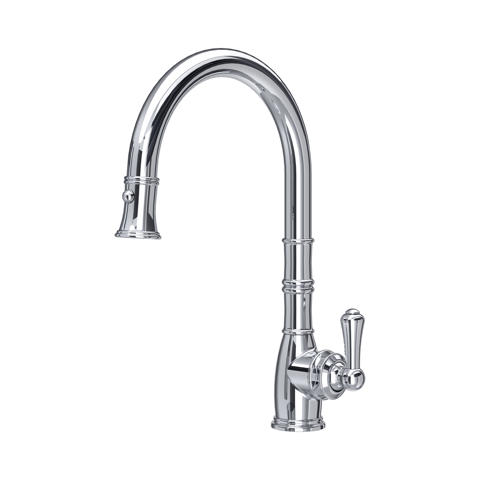 Glänzende Küchenarmatur aus Chrom im klassischen Design, hoher Schwanenhals, seitlicher Einhebelmischer, drehbarer Auslauf – ideal für die Küchenspüle