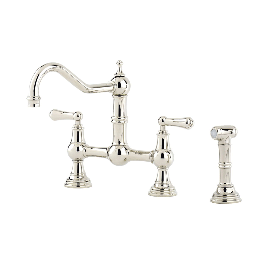 Küchenarmatur im klassischen Design aus glänzendem Metall mit separatem Spülbrause-Aufsatz, freigestellt vor weißem Hintergrund