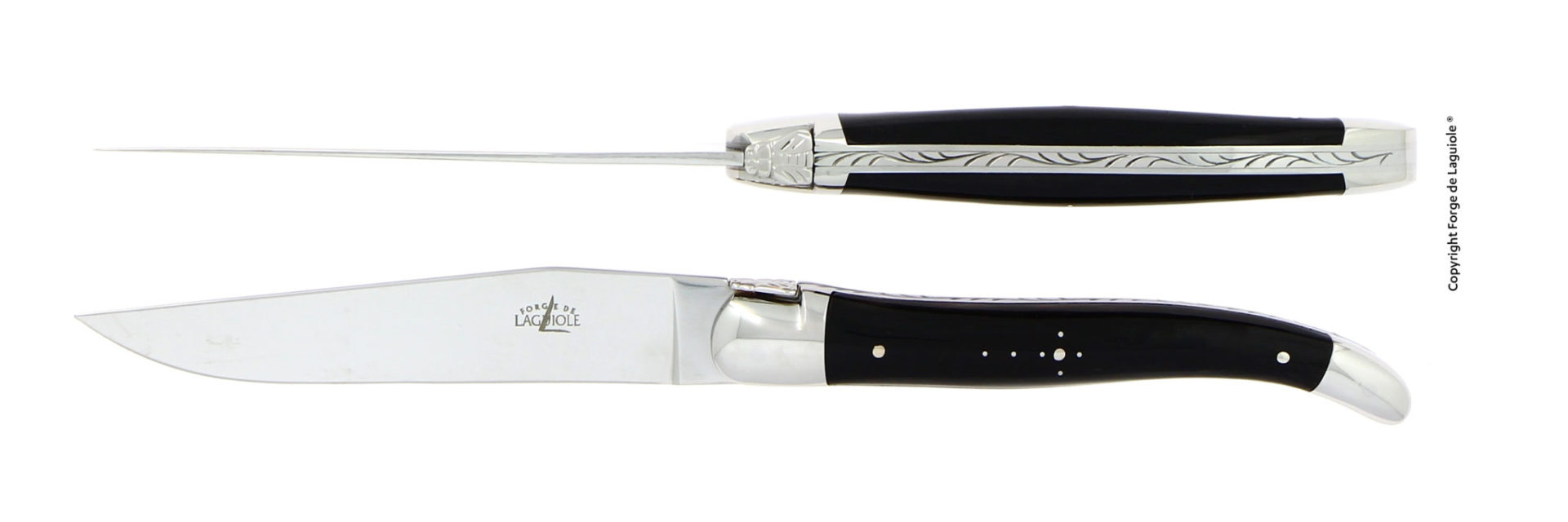 Elegantes Laguiole Taschenmesser mit schwarzem Griff und detailreicher Gravur am Rücken, seitlich und von oben abgebildet