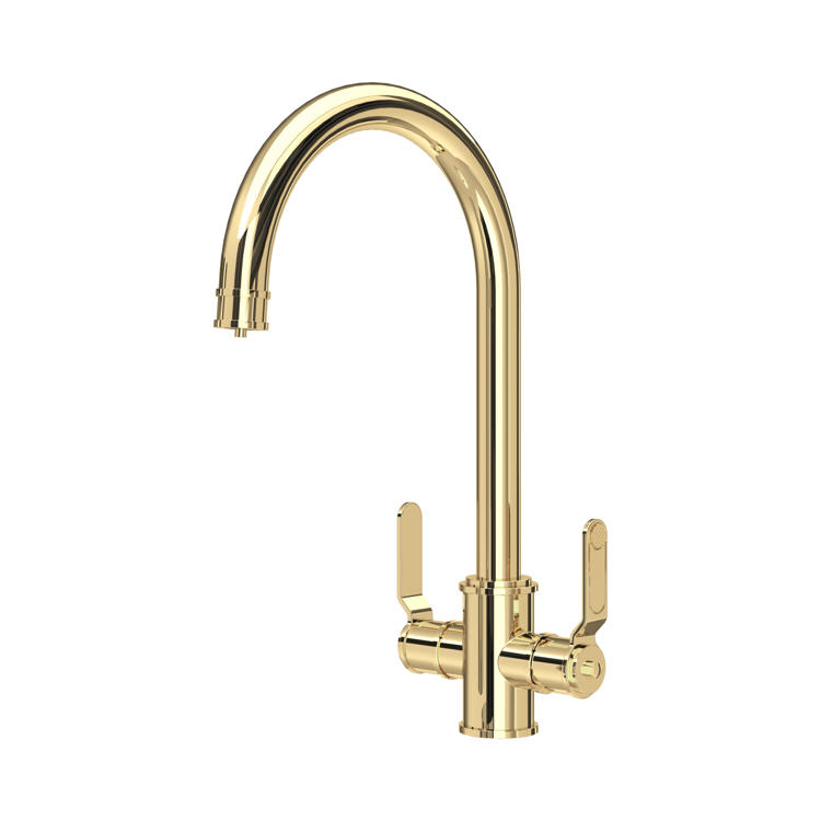 Goldene Küchenarmatur mit zwei Hebeln und hohem geschwungenem Auslauf, polierte Messingoptik, ideal für Spülbecken