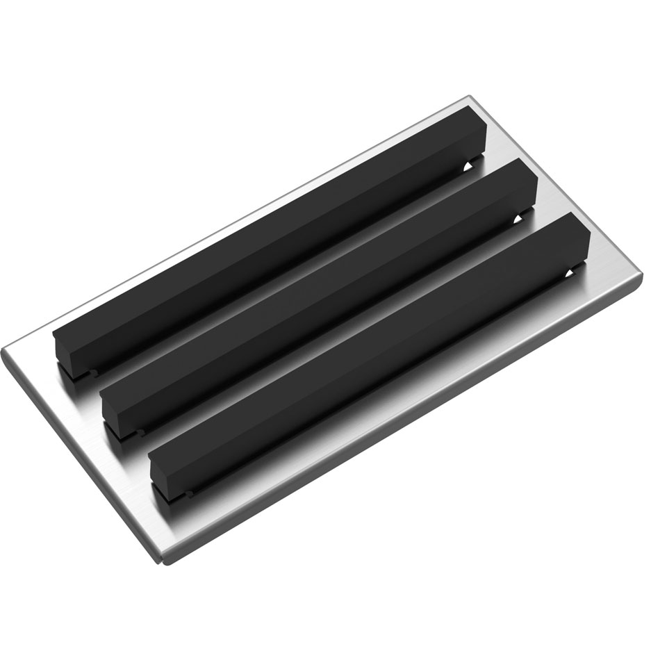 Magnetischer Messerhalter aus Edelstahl mit drei schwarzen Magnetleisten, geeignet zur sicheren Aufbewahrung von Küchenmessern
