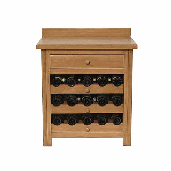 Massives Holz-Weinregal mit drei Ablagen für 16 Weinflaschen und einer Schublade oben, ideal für Küche oder Wohnzimmer