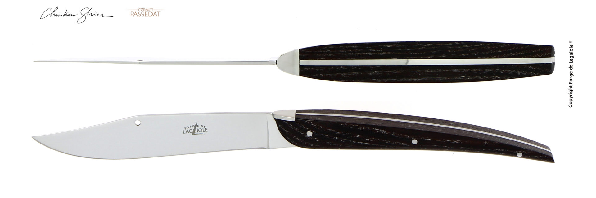 Hochwertiges Laguiole Taschenmesser mit Klinge aus Edelstahl und dunklem Holzgriff, seitlich und von oben abgebildet