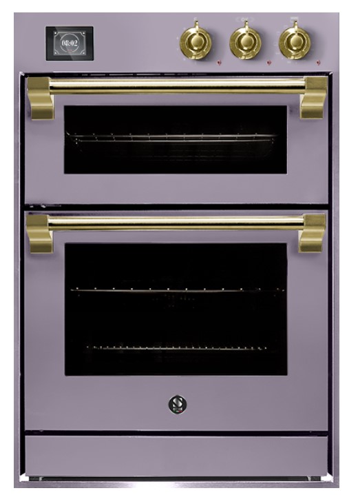 Doppelter Einbau-Backofen in lila Farbe mit goldenen Griffen, drei Drehreglern und digitaler Anzeige