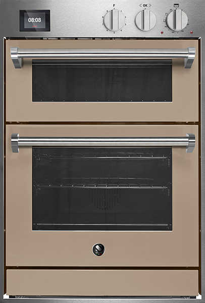 Zweifacher Einbau-Backofen in Beige mit Edelstahlgriffen, digitaler Anzeige und Drehknöpfen für Temperatur und Programme